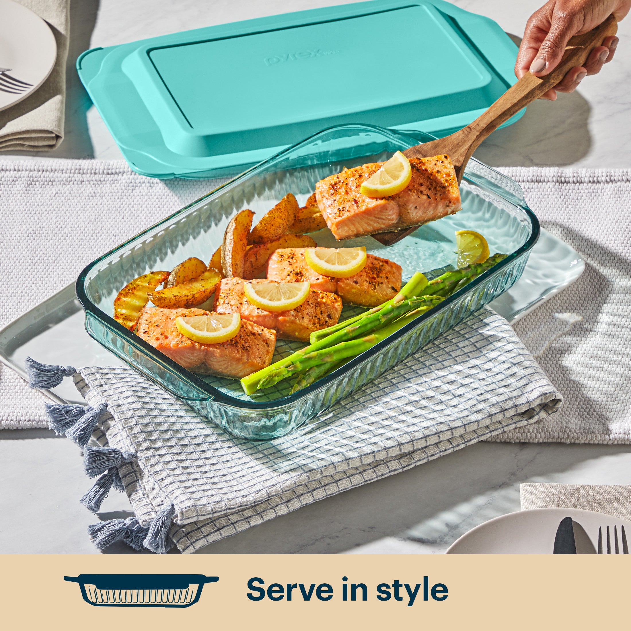 Pyrex® Sculpted Tinted Glass 3QT Oblong Baking Dish with Lid, Aqua - Image 5