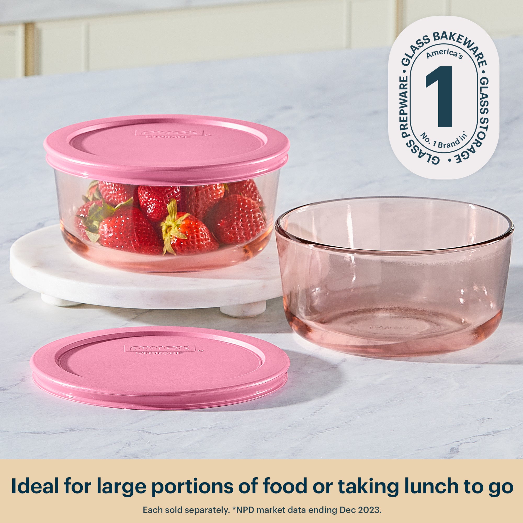 Pyrex® Simply Store® Tinted Glass 4-cup Round Storage Container with Lid, Pink - Image 3