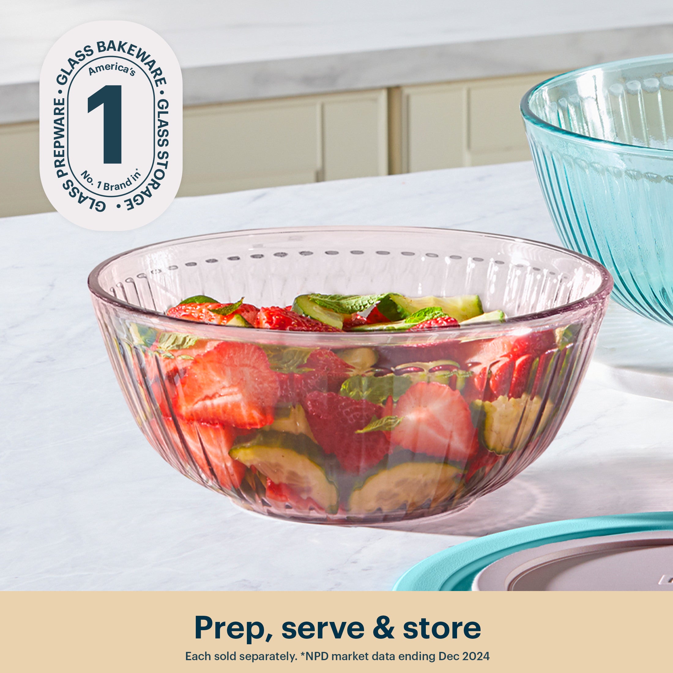 Pyrex® Sculpted Tinted Glass 2.3QT Mixing Bowl with Lid, Pink - Image 3