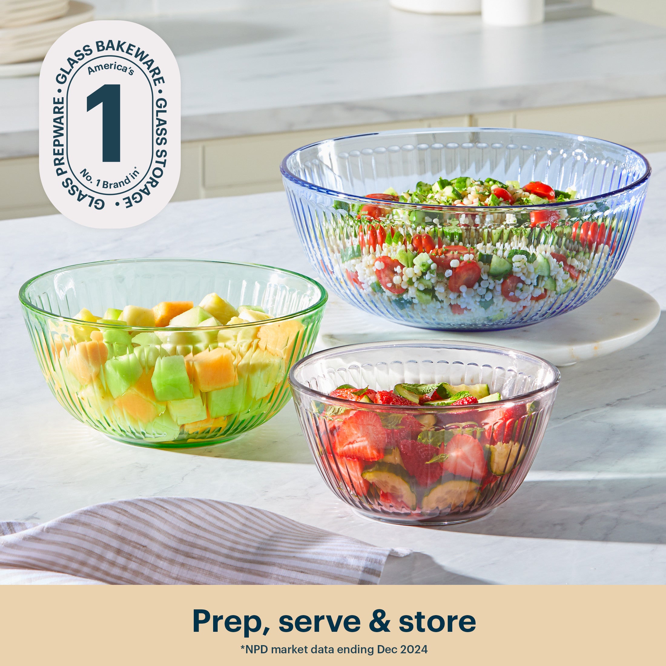 Pyrex® Colors Sculpted Tinted 3-piece Mixing Bowl Set, No Lid (Pink,Green,Blue) - Image 2