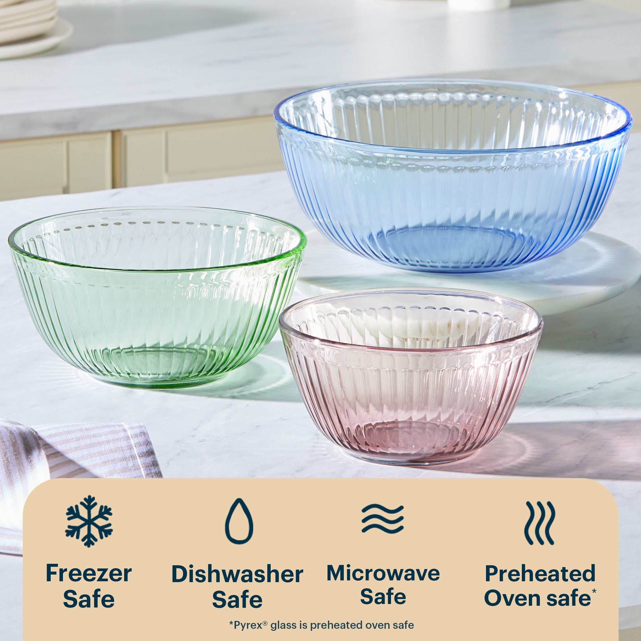 Pyrex® Colors Sculpted Tinted 3-piece Mixing Bowl Set, No Lid (Pink,Green,Blue) - Image 4