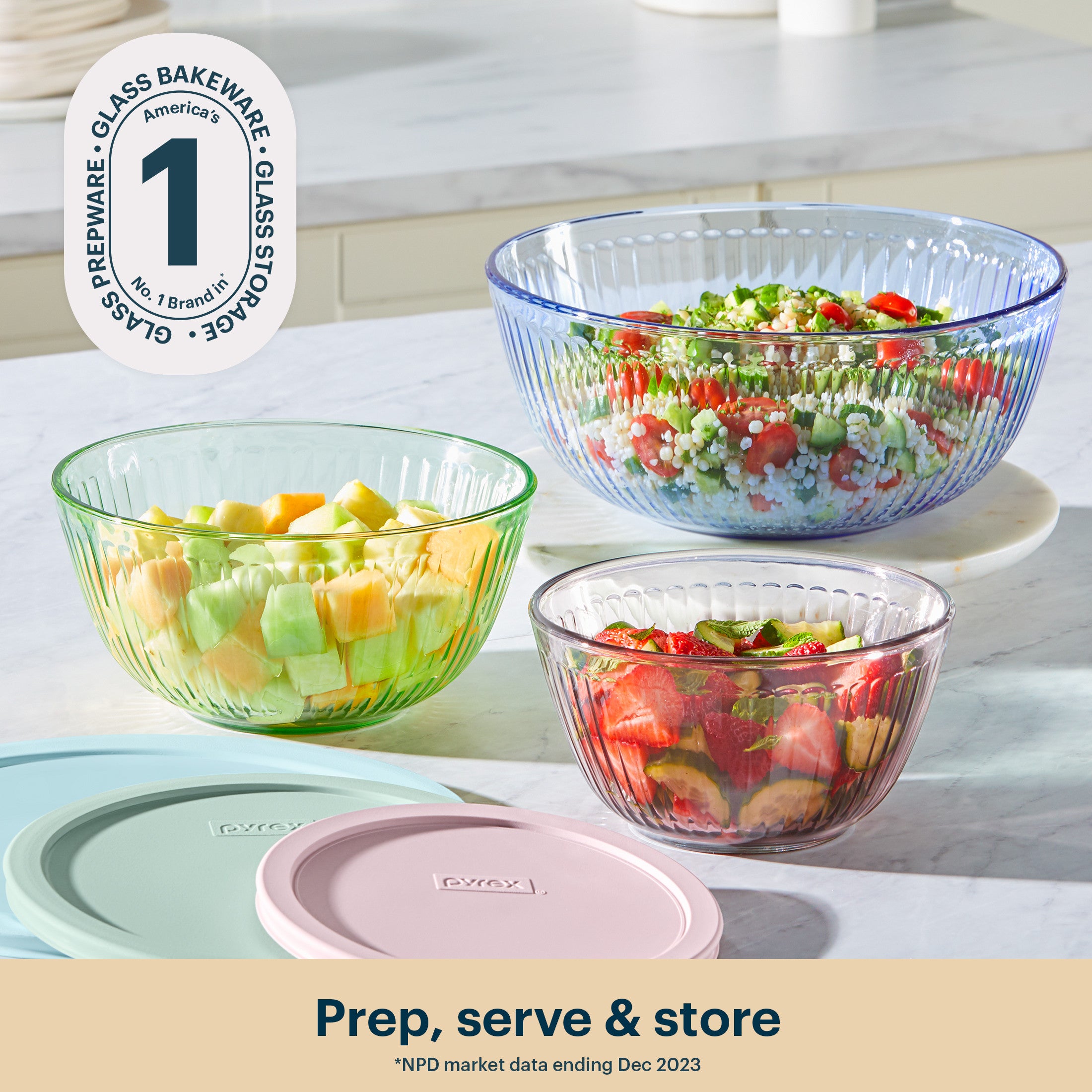 Pyrex® Sculpted Tinted Glass Mixing Bowls with Lids, 6-pc Set, Mixed Colors - Image 2