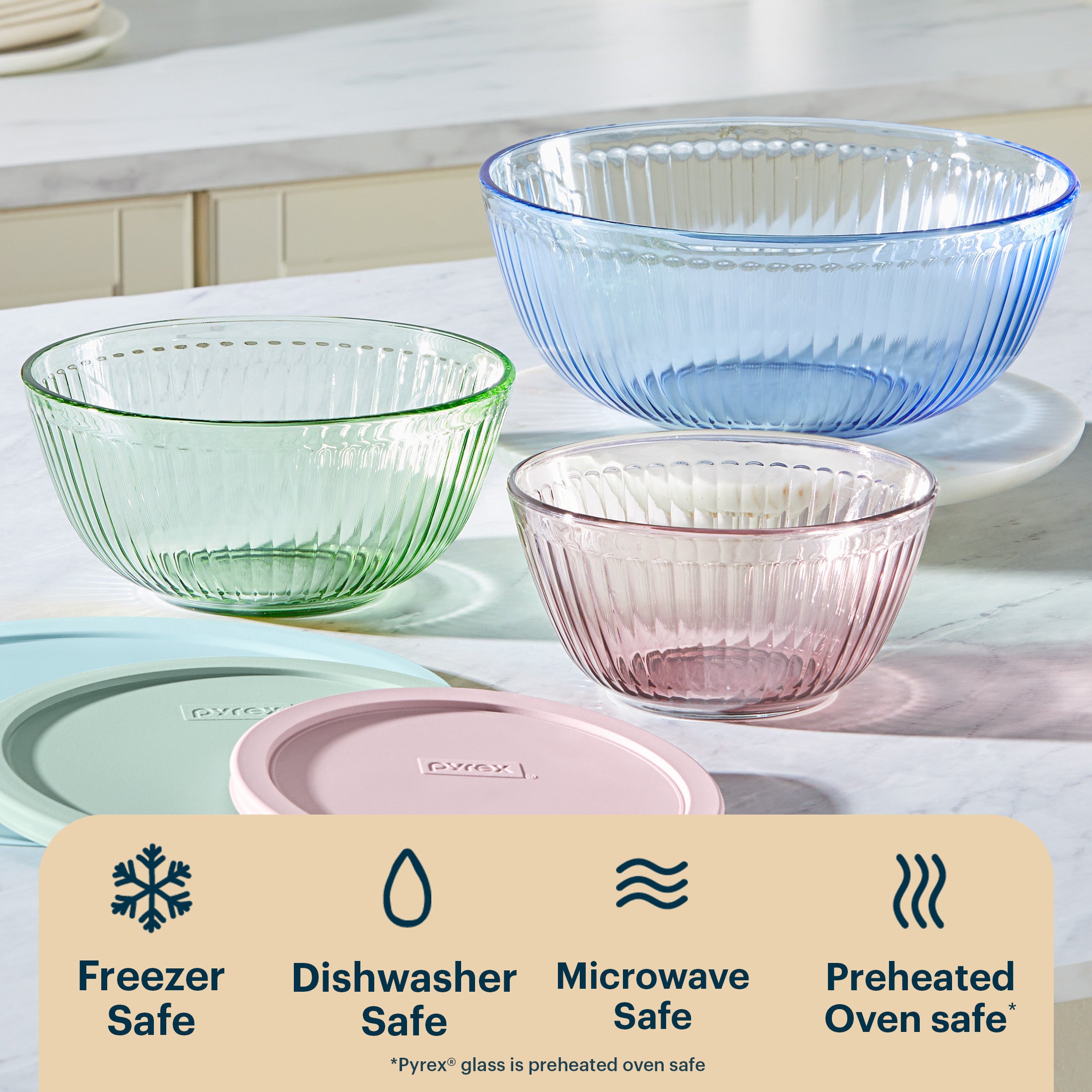 Pyrex® Sculpted Tinted Glass Mixing Bowls with Lids, 6-pc Set, Mixed Colors - Image 4