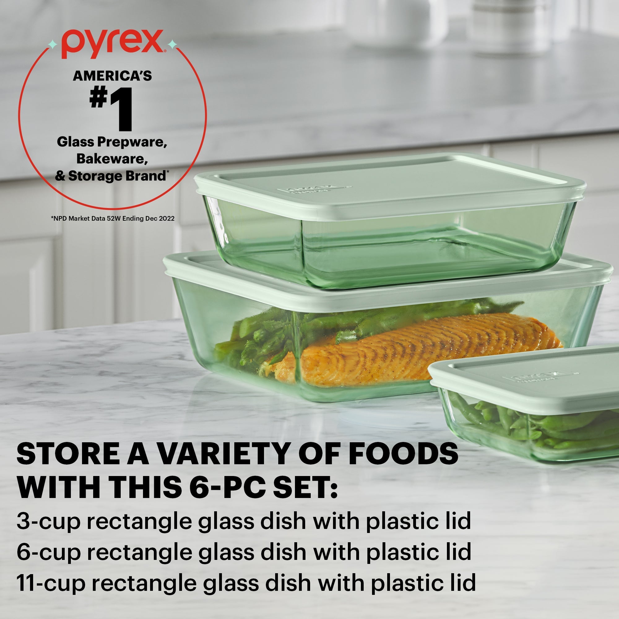 Pyrex® Simply Store® Tinted 6-piece Rectangle Storage Set with Plastic Lids, Green - Image 2