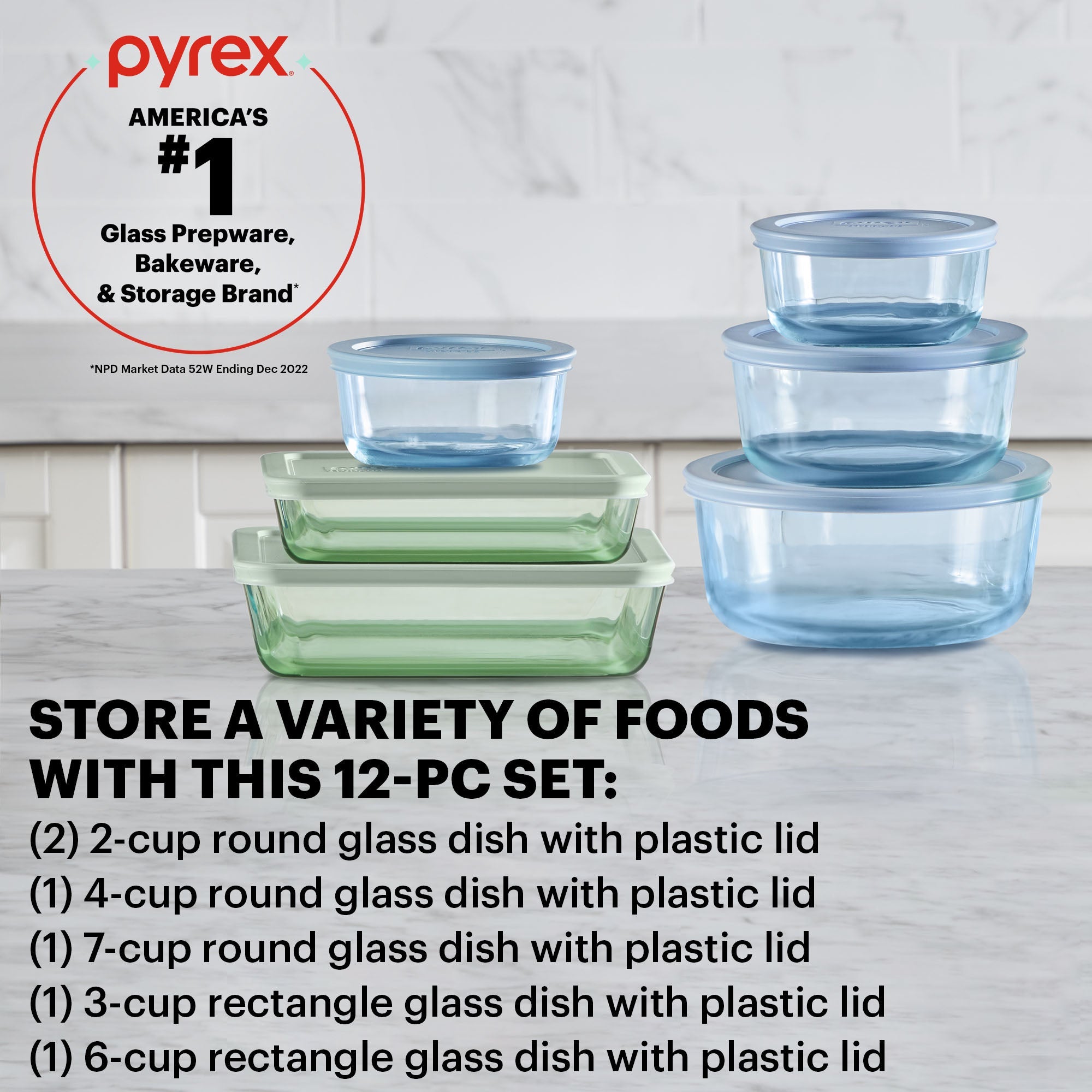 Pyrex® Simply Store® Tinted 12-piece Storage Set with Plastic Lids, Green and Blue - Image 2