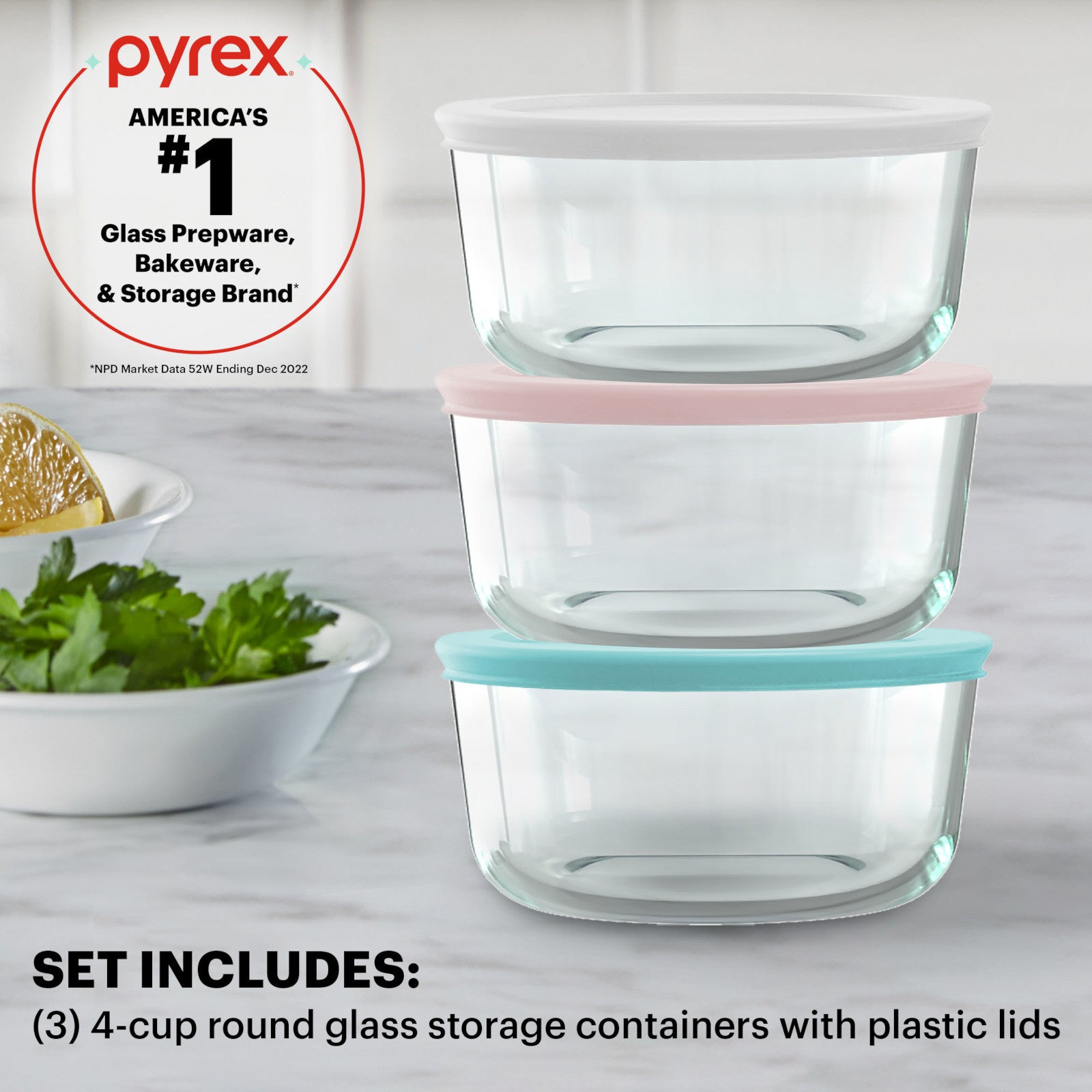 Pyrex® Simply Store® 6-piece 4-cup Round Glass Storage Set with Assorted Color Lids - Image 3